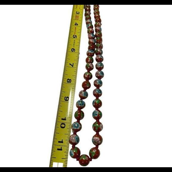 CHINESE EXPORT CLOISONNÉ ANTIQUE NECKLACE LARGE BEADS FLORAL DESIGN RED ENAMEL - Picture 12 of 12